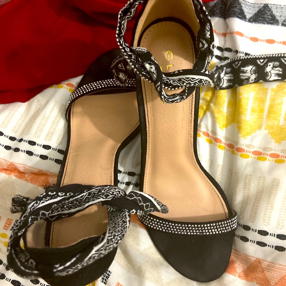 Glaze black bedazzled heels with ankle straps